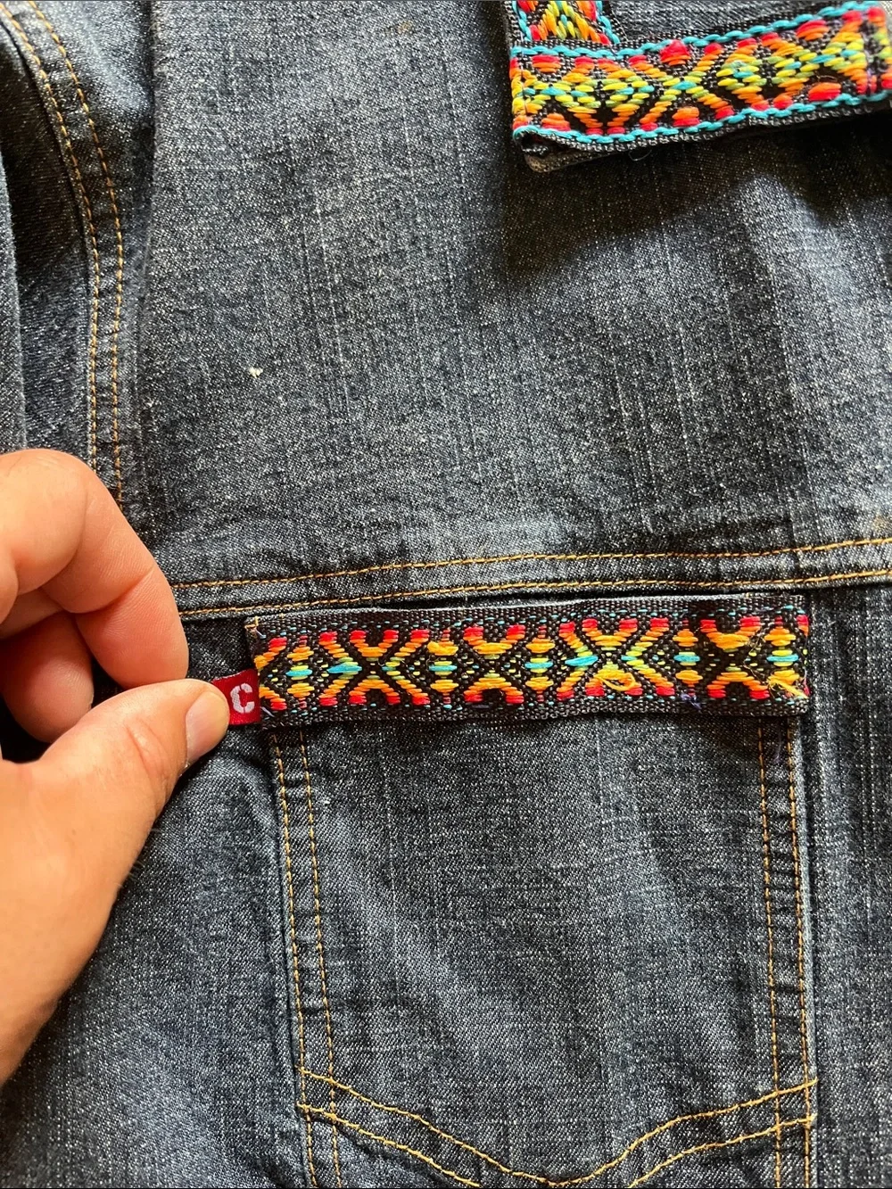 Embroidered Dark Denim Jacket with Multicolor Accents